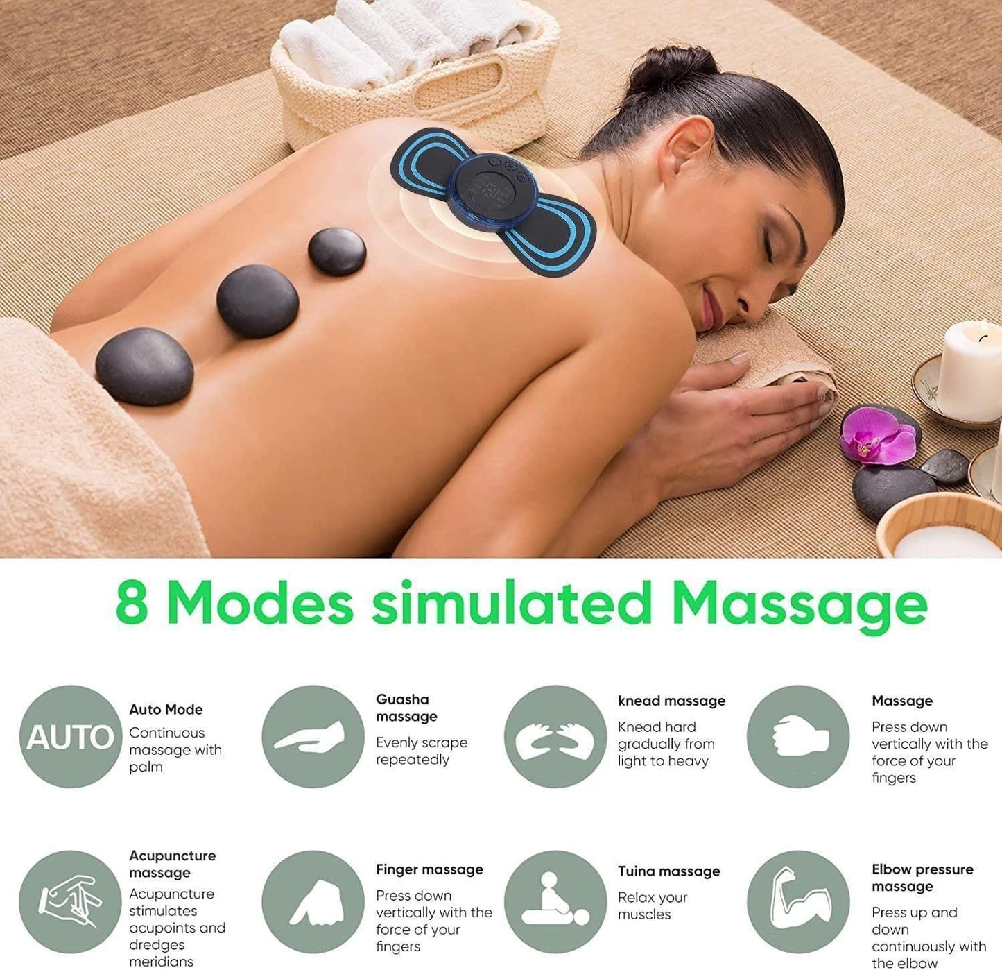 Mini Electric Massager with 8 Modes & 19 Intensity Levels | Rechargeable Pain Relief Pad for Back, Legs, Arms & Shoulders